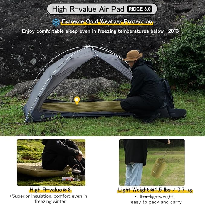 Camping Air Sleeping Pad Ridge 8.0 R-Value 8 Insulation Extreme Cold Weather Pump Bag Compact Lightweight Portable Hiking Disaster Preparedness Earthquakes Outdoor Inflatable Pad