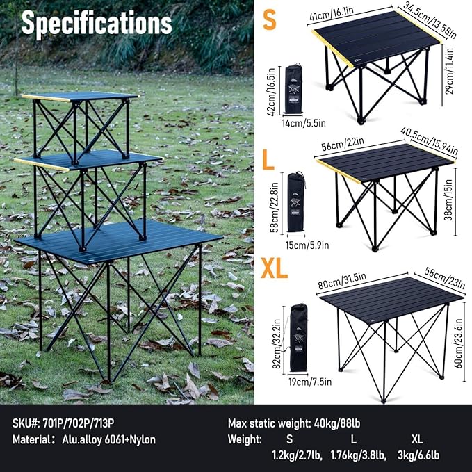 iClimb Ultralight Compact Camping Folding Table with Carry Bag (Reinforced Black - L)