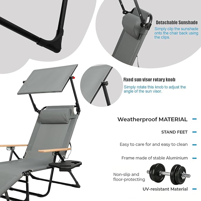 Folding Outdoor Chaise Lounge Chair with 360°Shade, 4 Position Portable Sun Tanning Chair with Headrest, Foldable Beach Lounge Chair with Cup Holders & Wooden Armrests for Patio Pool Lawn (Grey-B)