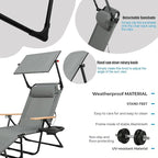 Folding Outdoor Chaise Lounge Chair with 360°Shade, 4 Position Portable Sun Tanning Chair with Headrest, Foldable Beach Lounge Chair with Cup Holders & Wooden Armrests for Patio Pool Lawn (Grey-B)