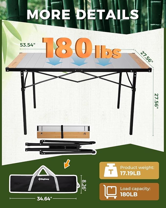 KingCamp Camping Table Folding Portable Table Aluminum Roll Up Lightweight Foldable Large Camp Table for Indoor Outdoor Picnic Backyard, 53.5"X27.5"