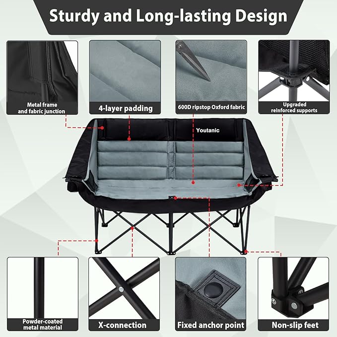 Oversized Double Camping Chair, Folding Loveseat Camping Couch with Pocket, Cup Holder and Carry Bag, Heavy Duty Portable Camping Chairs for Adults, Fishing, Sports, Trip, up to 660lbs, Black