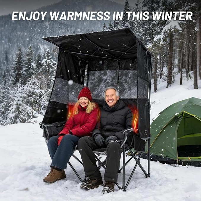 Nice C Heated Double Camping Chair with Canopy, Heated Outdoor Sports Folding Chair with Battery, Portable Padded Umbrella Chairs with Shade, Cup Holder, Cooler Bag, Loveseat for Lawn, Outdoors