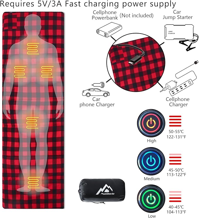 Heated Sleeping Bag pad, Heated Sleeping Bag Liner, 5 Heating Zones, Operated by 5V/3A Type-C Battery Power Bank (Battery NOT Included) or Other Type-C Power Supply. Type-C.