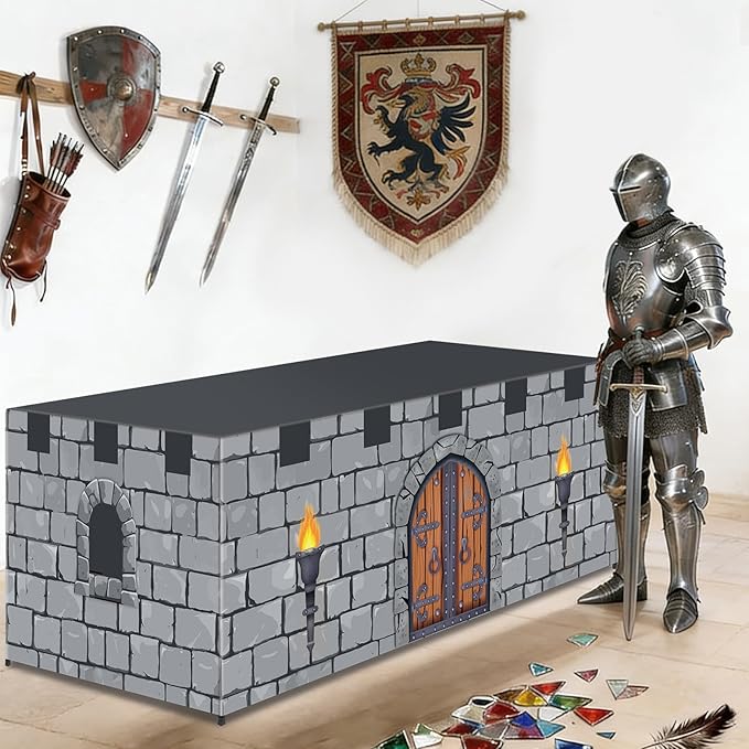 Medieval Castle Playhouse 10ft x 7.5ft Large Stone Wall Party Tablecloth Table Tent Cover Medieval Castle Party Decor Supplies for Indoor Outdoor Knight Birthday Parties Playground Play Accessory