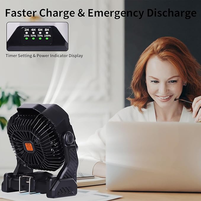 20000mAh Camping Fan with LED Lantern USB TpyeC Rechargeable Battery Operated Fan Outdoor Fans with Light & Hook,4 Speeds Personal USB Desk for Camping Black X26A