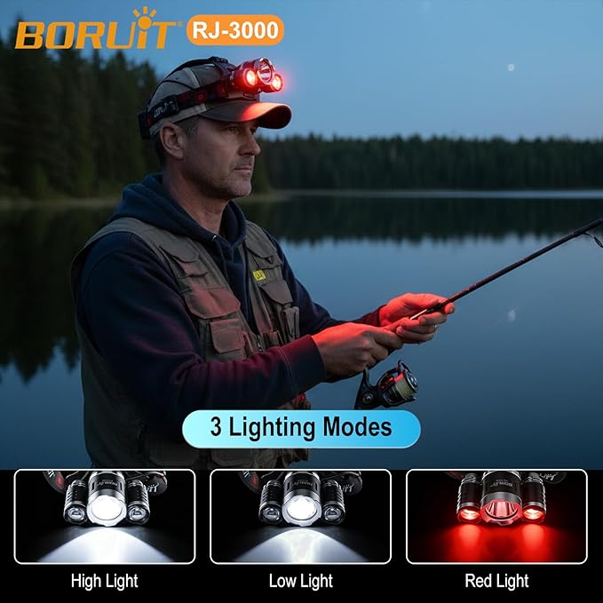 BORUIT RJ-3000 LED Rechargeable Headlamp with Red Light, Super Bright Hunting Head Lamp 3 Modes, Waterproof Head Light for Adult Fishing Camping Headlight Gear