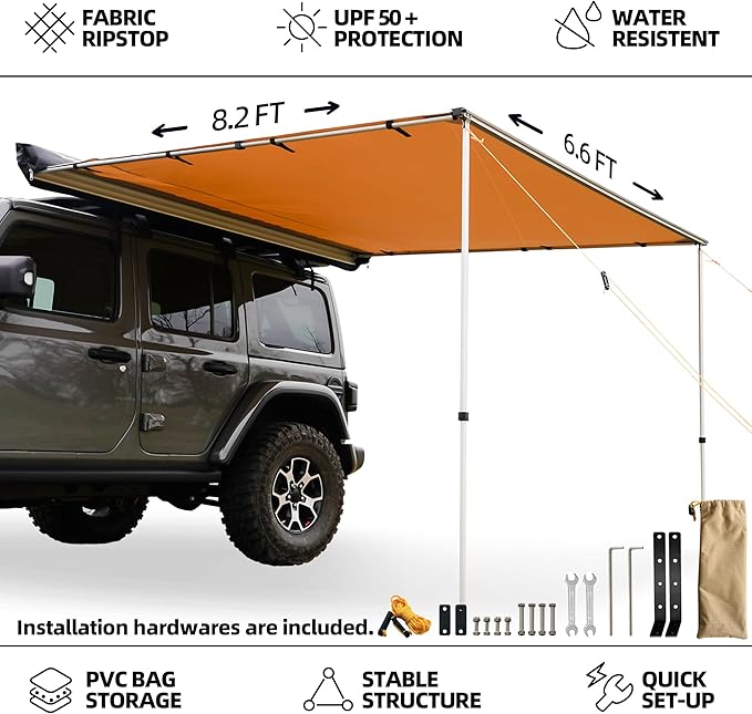 Vehicle Awning, 6.6ft x 8.2ft, Rooftop Pullout Ripstop UPF50+ Side Awning, Reinforced Hinges & Poles for Jeep/SUV/Truck/Van