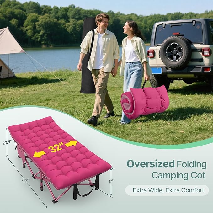 Suteck 32In XXL Folding Camping Cot, 900LBS Heavy Duty Sleeping Cot with Pillow Mattress, 1200D Double-Layer Oxford Portable Cot for Adults with Carry Bag for Home Office Nap Beach Travel