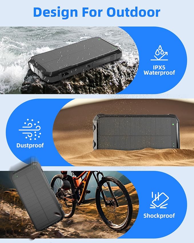Solar Power Bank 20000mAh, 15W Wireless Fast Charger with 3 Built-in Cables, USB-C Output Portable Battery Pack, Dual Flashlights Power Bank for iPhone 17 16 15 14, Samsung Galaxy, Camping
