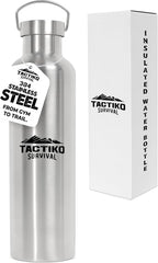 Tactiko Survival 1000ml / 34 oz Insulated Stainless Steel Wide Mouth Water Bottle, Double Wall Insulation - Leakproof, BPA-Free with Cleaning Brush for Camping, Hiking, Outdoor Prep
