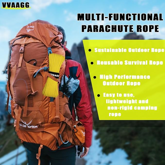 VVAAGG 1000 Yellow Paracord 100FT Utility Parachute Cord 4mm Nylon String12 Strand Nylon Camping Rope, Tent Rope, Clothsline Rope for Survival & Camping Gear