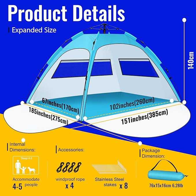 Beach Tent Sun Shade for 4-5 Person, Two Doors Large Pop Up Beach Tents for Adults and Kids, Portable Automatic Instant Sun Shelter Canopy Tent UV 50+, Ideal for Garden, Fishing, Picnic