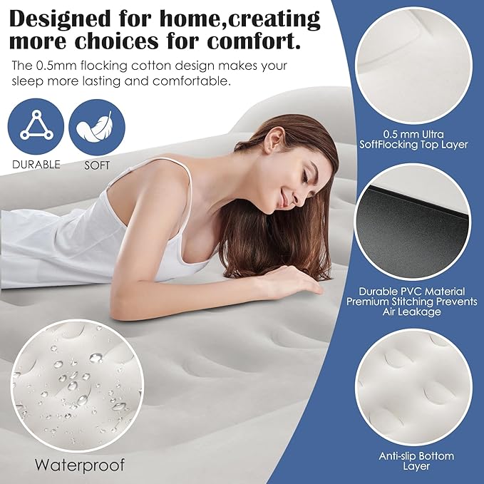 Queen Air Mattress Full with Built-in Pump,16'' Blow up Mattress with Soft Flocked Top Luxury Inflatable Mattress 3 Minute Fast Inflation/Automatic deflation for Camping＆Home and Guest