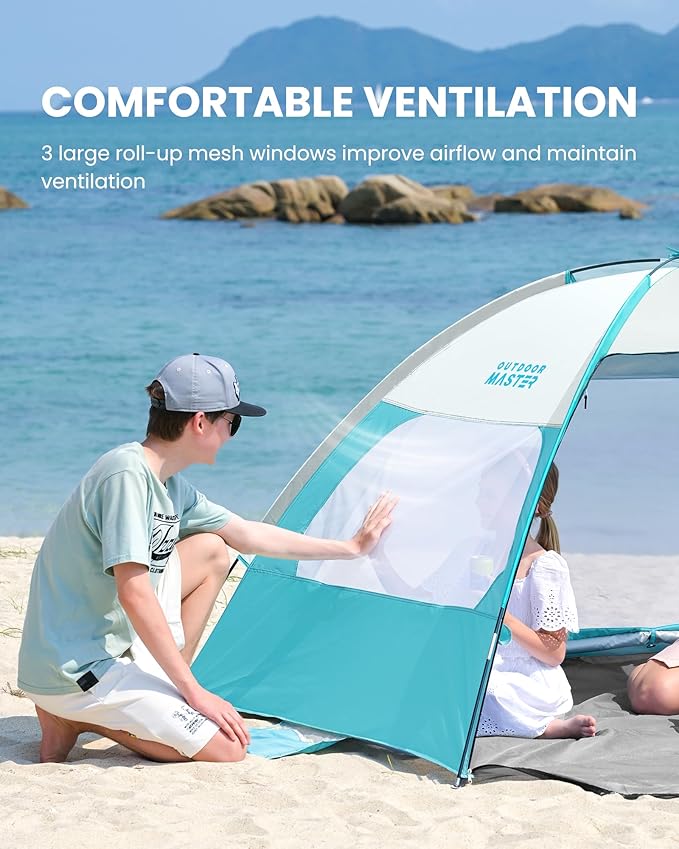 OutdoorMaster Beach Tent for 3/4/6/8 Person - Easy Setup Sun Shade Shelter, Portable Beach Shade Sun Canopy with UPF 50+ UV Protection, Removable Skylight Family Size