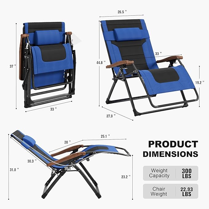 PURPLE LEAF Extra Wide Outdoor Reclining Chair Set of 2 Patio Zero Gravity Chaise Lounge Folding Chair with Quilted Cushion Adjustable Headrest for Lawn Camping Beach Pool Navy Blue and Black