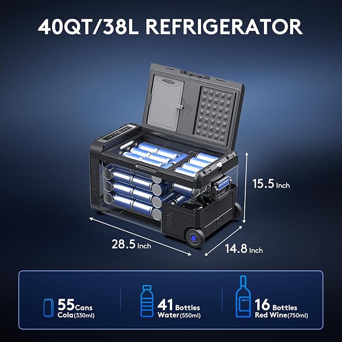 BODEGACOOLER 12 Volt Car Refrigerator, Portable Freezer WIFI APP Control, 40Quart (38L) Car Fridge -4℉-68℉, Electric Cooler 12/24V DC 100-240V AC for Outdoor, Truck, RV, Vehicles, Camping, Travel