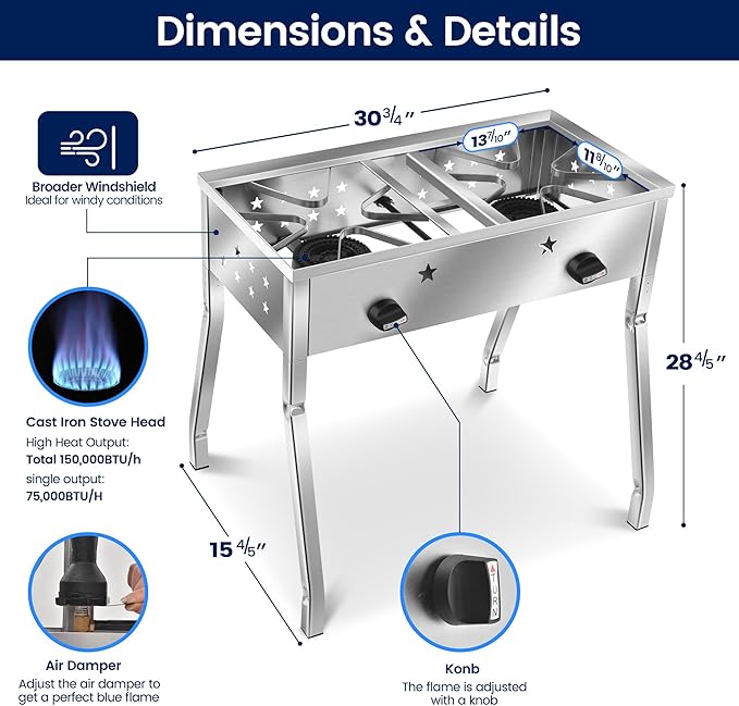 ARC Double Burner Propane Stove, Stainless Steel Camping Stove with 150,000 BTU/H, Easy-Assemble, 20PSI Regulator and Hose, Ideal for Outdoor Cooking,Camping and Gatherings (Stainless Steel)