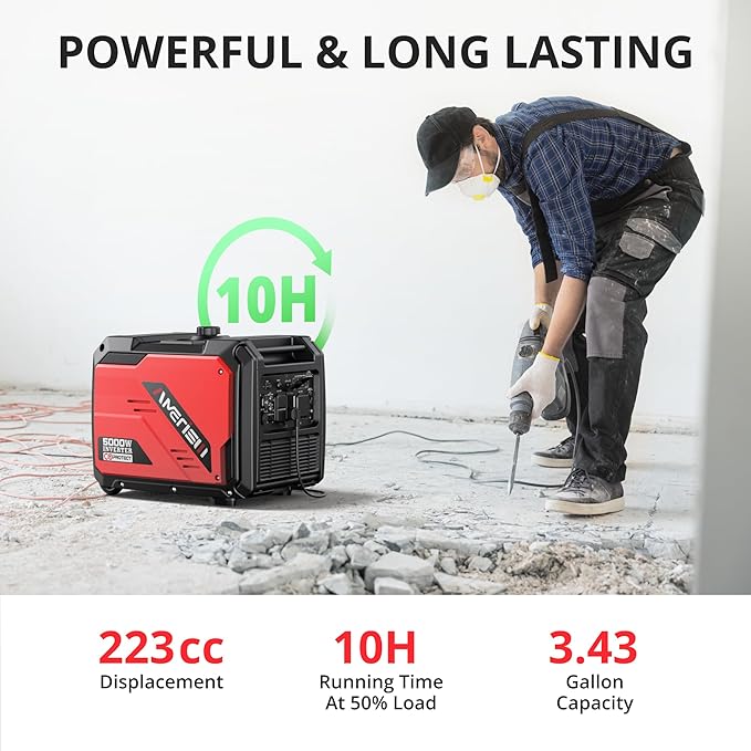 5000W Inverter Generator Gas Powered, CO Sensor, Super Quiet Gas Generator with RV Ready 30A Outlet, Wheels Handle Kit, Parallel Capable for Home Backup Emergency Use Camping, EPA Compliant