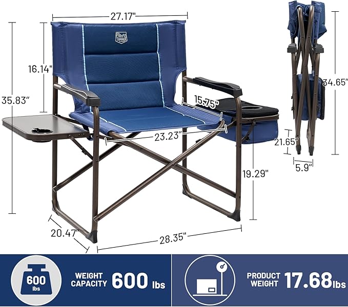 Timber Ridge XXL Oversized Directors Chair 600lbs - Heavy Duty Camping Chair with Cooler Bag & Table, Portable Folding Chair with Wide Seat for Tailgating, Patio, Outdoor - Blue