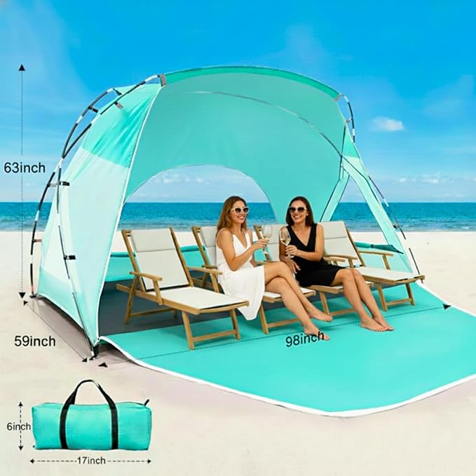Beach Tent, Portable Sun Shelter for 2/3/4/6-8 Person with UPF 50+ UV Protection, Easy Setup Waterproof Beach Shade Canopy Cabana for Family Outdoor and Picnics, Fishing with Carrying Bag