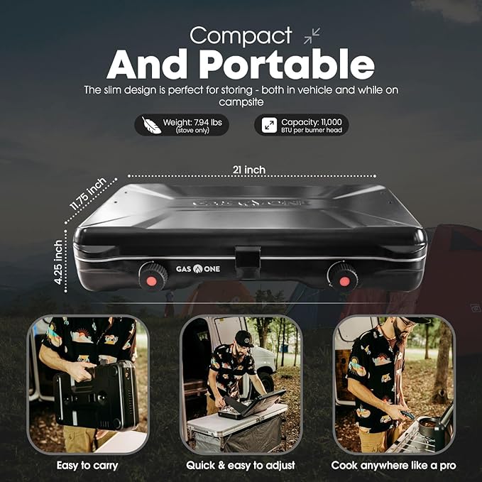 GasOne PS-2500MBA Portable Camping Stove – Double Propane Stove with Auto Twist Turn Ignition – 22,000 BTU Camping Cooktop with 2 Burners and Wind Guard – Ideal for Tailgating, Fishing, Travel