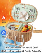 Picnic Basket for 2, Extra Large Wicker Picnic Basket Insulated, Handwoven Vintage Willow Picnic Set, 2 partitions, 8.4 Gal, Portable Camping, Outdoor, Couples Wedding Gifts, Date, Natural