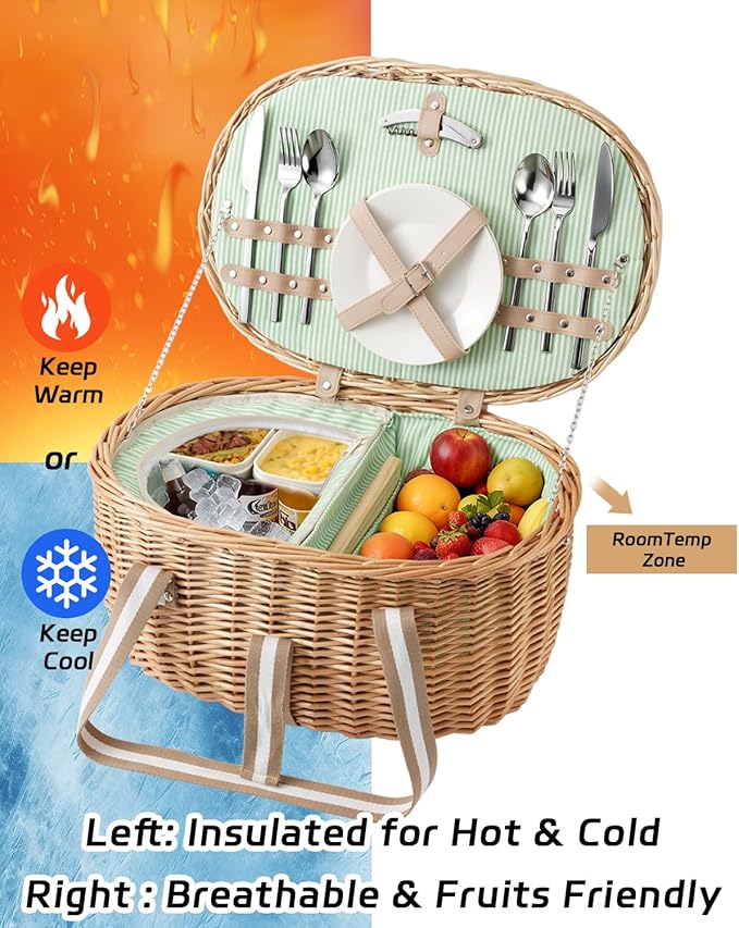 Picnic Basket for 2, Extra Large Wicker Picnic Basket Insulated, Handwoven Vintage Willow Picnic Set, 2 partitions, 8.4 Gal, Portable Camping, Outdoor, Couples Wedding Gifts, Date, Natural