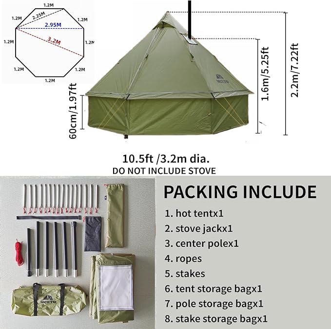 DANCHEL OUTDOOR HT02 4 Season Hot Tent With Stove Jack - Waterproof Yurt for 1-3 Person Backpacking, 6.6lbs, 210T Rip-Stop Polyester, Brown, 10.5ft/3m Diameter