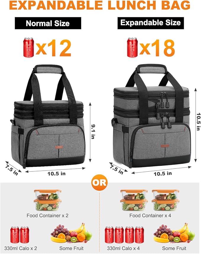 Lunch Box For Men Women Double Deck Insulated Lunch Bag For Men Woman Leakproof Expandable Cooler Bag with Adjustable Shoulder Strap for Work Picnic School(Gray‌,Medium)