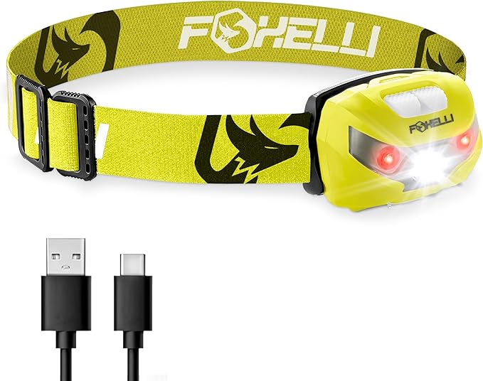 Foxelli USB-C Rechargeable LED Headlamp – Super Bright, Lightweight Head Lamp for Running, Camping, Hiking & Work – Comfortable Fit for Adults & Kids