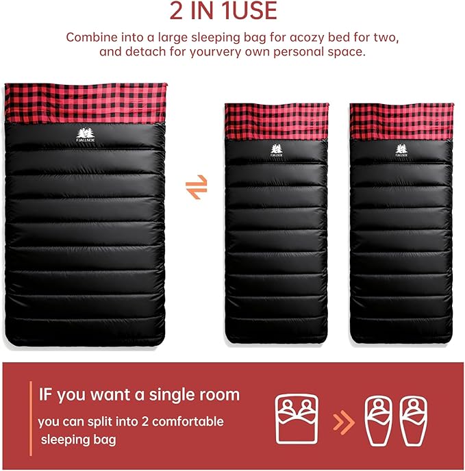 Double Sleeping Bag Cotton Flannel for Camping, Backpacking Or Hiking. Queen Size 2 Person Waterproof Sleeping Bag for Adults Or Teens. Lightweight with Compression Sack
