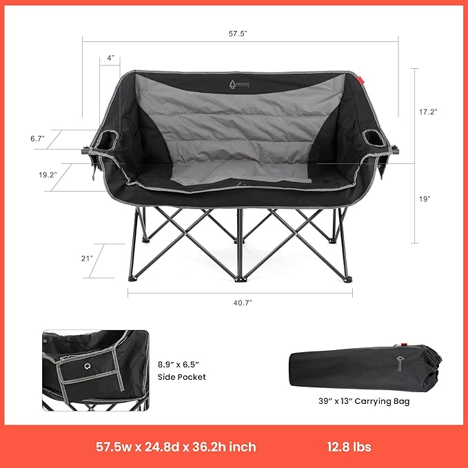 ARROWHEAD OUTDOOR 57" Wide Duo Foldable Heated Camping Loveseat Chair with 3-Stage Heating, Large Cup Holders, Glass Holders, Side Pockets, and Storage Pouches
