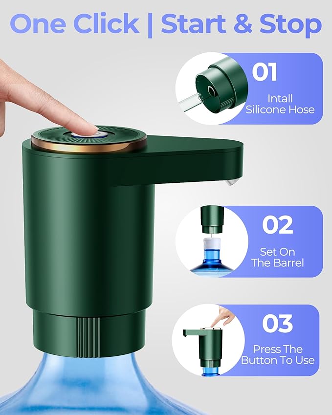 Water Jug Pump for 5 Gallon Bottle – Portable Electric USB-C Charging Dispenser, Dual Powerful Motors, Fast Flow, Fits 2-5 Gallon Jugs – Ideal for Home, Office, Camping, RV, Dark Green