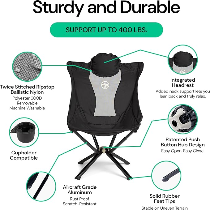 CLIQ EpiQ 1.0 Outdoor Lounge Chair - Folding Camping Chairs Set Up in Seconds - Lightweight Recliner Chair - Military Grade Frame Supports 400 Lbs Outdoor Adventures, Black