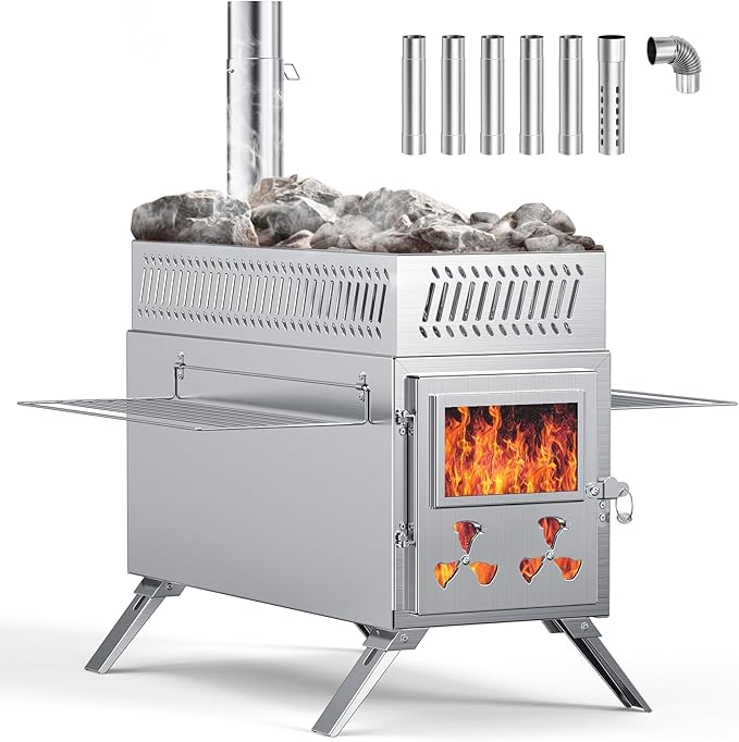 Upgraded Wood Burning Sauna Hot Tent Stove, 2 in 1 Tent Wood Burning Stove with Chimney Pipe for Outdoor Camping Heating, Camping, Hunting, Heating, Cooking, Ice Fishing, Boiling Water
