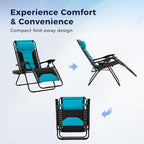 MAISON ARTS Oversized Zero Gravity Chairs Set of 2, Folding Padded Recliner Anti Gravity Lounge Chair with 28" Wide Seat and Cup Holder, Support 400lbs, Aqua