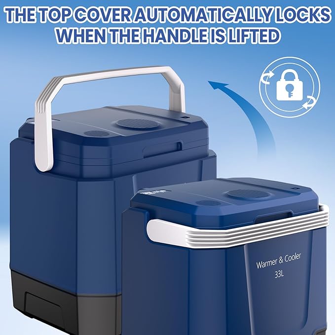 35 QT (33 L) Electric Cooler & Warmer, Portable Car Refrigerator With Automatic Locking Handle, 12V Car Cooler for Vehicle & Trucks, 110V AC Home Power Cord, Plug In Coolers,Blue