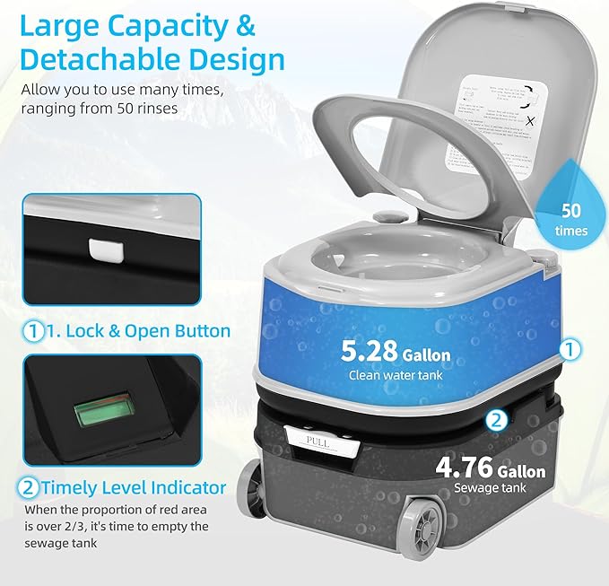 YITAHOME 5.28 Gallon Portable Toilet for Camping, RV Travel Porta Potty Leak-Proof with Press Flush Pump, Rotating Spout, Level Indicator for Adults, Camping, RV, Boating, Hiking, Trips