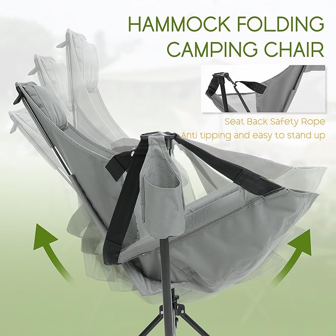 Hammock Folding Camping Chair - Outdoor Portable Swing Camp Chairs Set of 2 with Stand Adults Rocking Swinging Chair for Beach Lawn Patio (Grey)