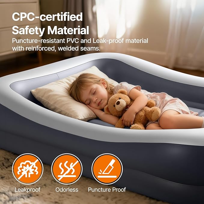 OGERY Inflatable Toddler Travel Bed with Cordless Rechargeable and Detachable Air Pump and Tent, Portable Kids Air Mattress with 4 Sides Safety Bumpers Ideal for Home, Grandma's, Camping, Traveling