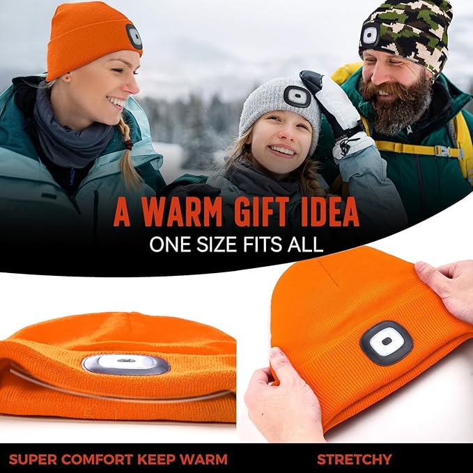 Unisex Beanie Hat with Light, Rechargeable Headlight Cap, Valentines Day Gifts for Him, Cool Gadget Gifts for Him, Birthday Gifts for Women, Gifts for Men, Orange