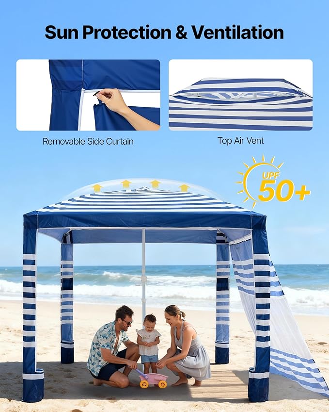 VEVOR Beach Cabana, 8 x 8 ft Beach Canopy with Side Wall, UPF 50+ Protection Easy Setup Cabana Tent with Sand Pockets, Adjustable Height Portable Shade Sun Shelter Umbrella for Family, Navy Stripes
