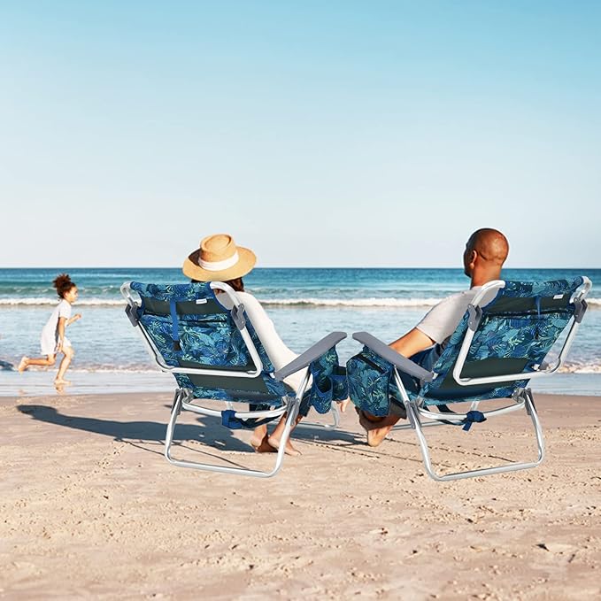 Tangkula Set of 4 Backpack Beach Chair, 5-Position Lay Flat Beach Chairs with Cooler Bag, 2 Cup Holders, Towel Bar, Lightweight Low Folding Beach Chair with Backpack Straps, Navy