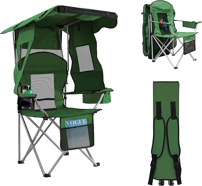 ptlsy Folding Camping Chair with Canopy, Beach Chair with Canopy Shade with Cup Holders, Cooler Bag for Camping, Fishing, Beach, Sports and Concert (Green)