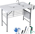 ZENY Fish Cleaning Table with Sink, 42.4" Width Portable Folding Camping Table, Outdoor Fish Cleaning Station with Grid Rack and Fish Cleaning Kit for Picnic