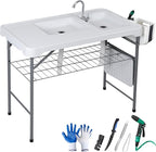 ZENY Fish Cleaning Table with Sink, 42.4" Width Portable Folding Camping Table, Outdoor Fish Cleaning Station with Grid Rack and Fish Cleaning Kit for Picnic