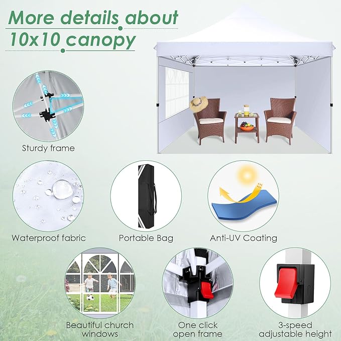 COBIZI Canopy 10x10 Pop Up Canopy Tent with 3 Sidewalls, Commercial Party Tent Ez Waterproof Outdoor Instant Gazebo UV 50+ Event Shelter, Garden Tents for Parties Camping with Sandbags，White