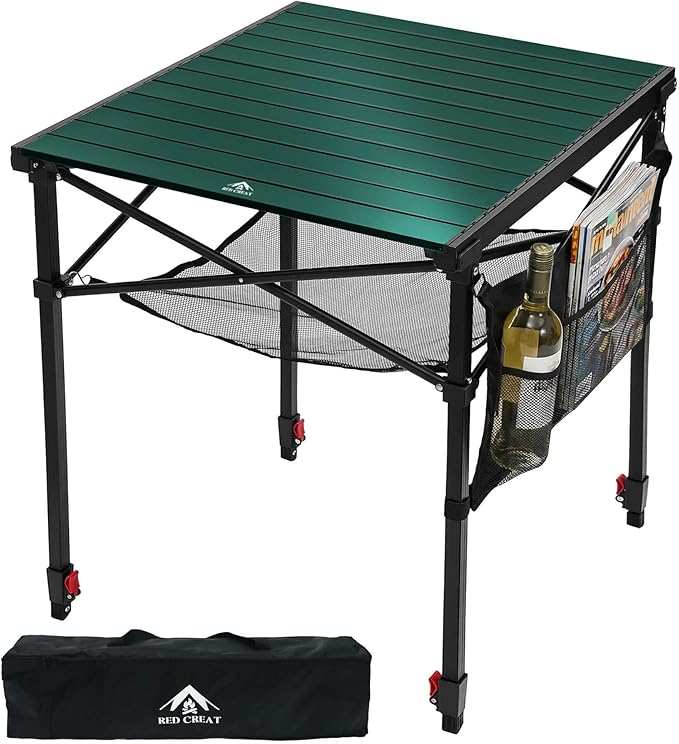 Portable Camping Table with Adjustable Height, Lightweight Aluminum Roll Top Folding Camp Table with Storage Pockets & Dual-Compartment Bag, Heat-Resistant, for RV, Picnic, BBQ, Outdoor (L)