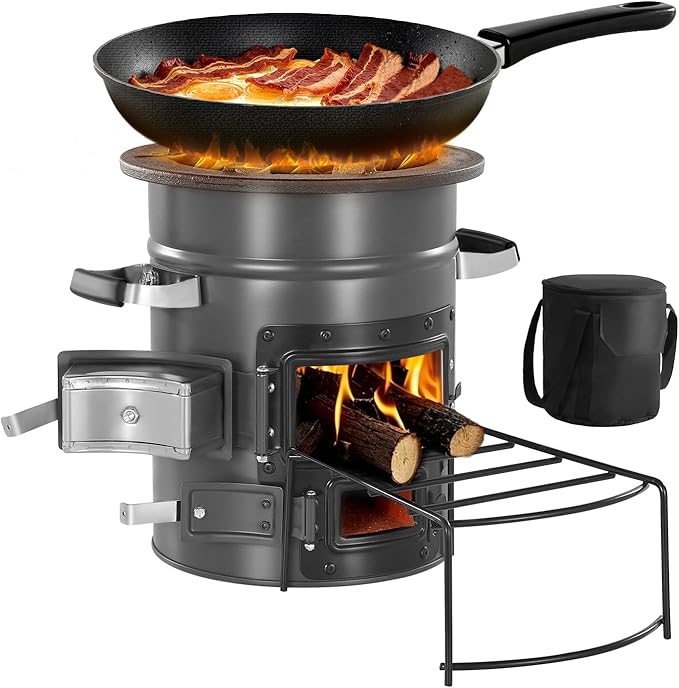 VEVOR Camping Rocket Stove, Wood Burning Portable Rocket Stove with Carrying Bag for Backpacking, SPCC Steel, Double Door, Burn Twigs, Sticks or Charcoals for Outdoor Cooking, Backyard, Camp Cooking